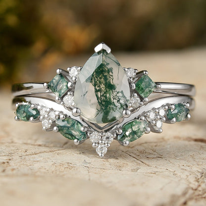 Fethriel 1 Carat Pear Stackable Moss Agate Ring Set in 925 Silver