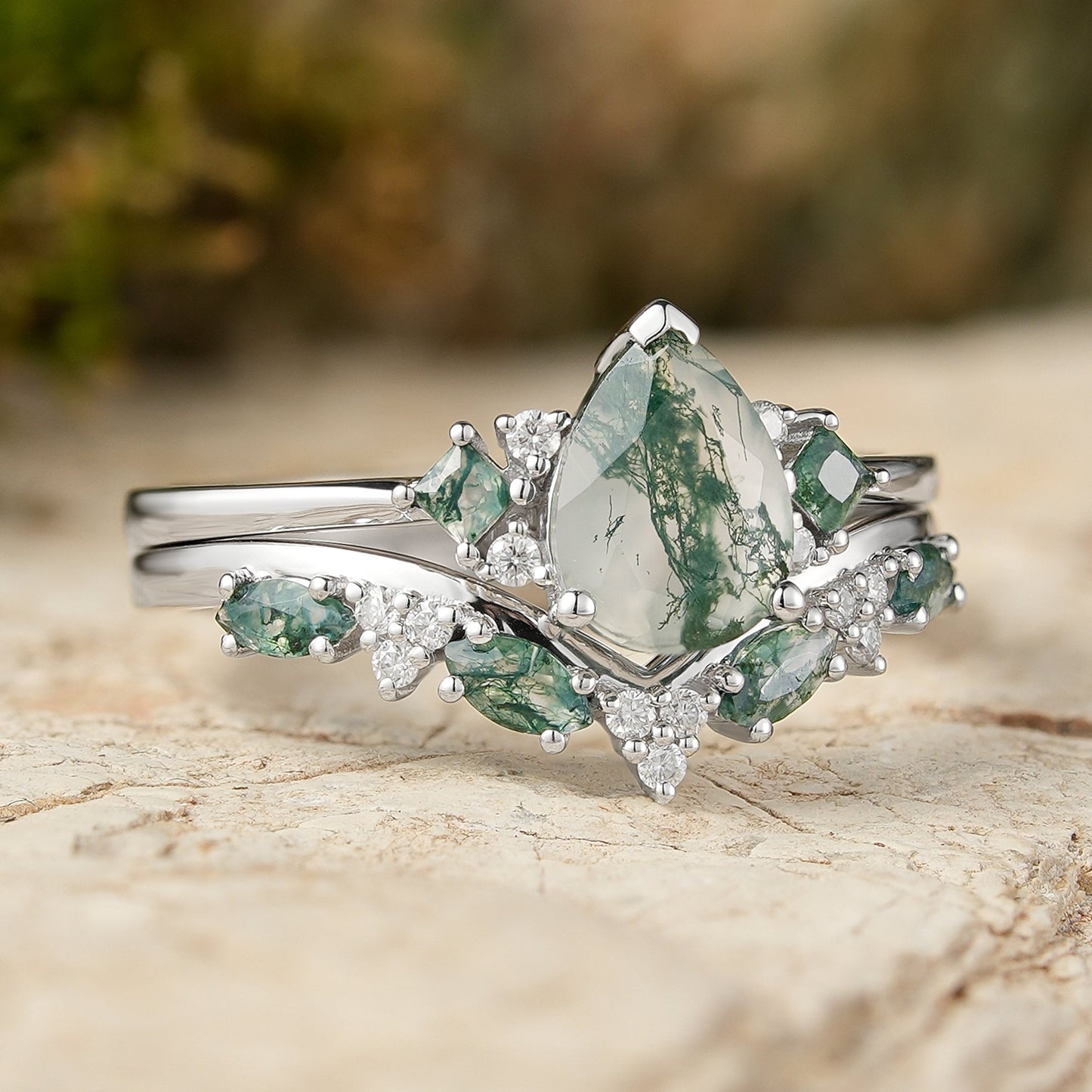 Fethriel 1 Carat Pear Stackable Moss Agate Ring Set in 925 Silver