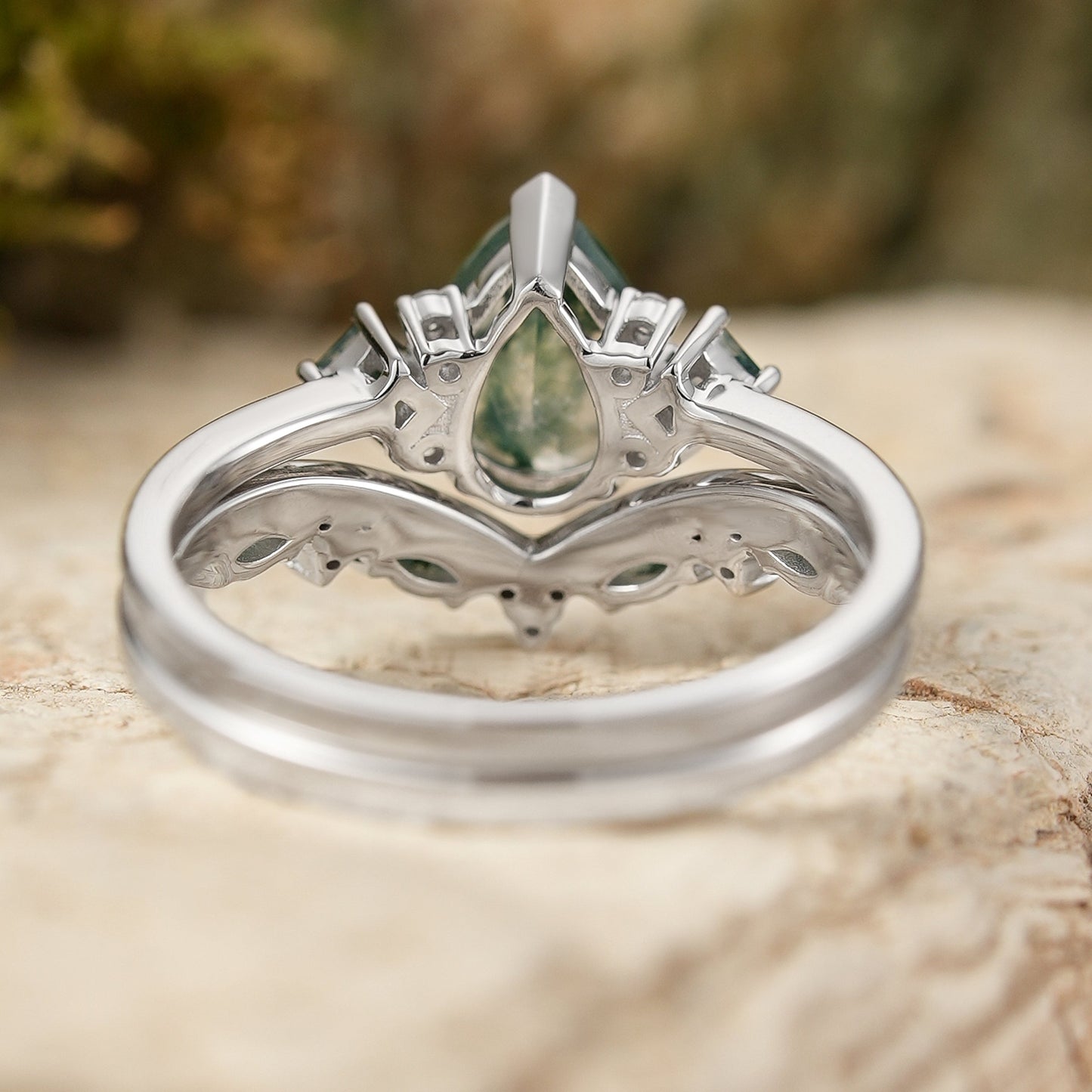 Fethriel 1 Carat Pear Stackable Moss Agate Ring Set in 925 Silver