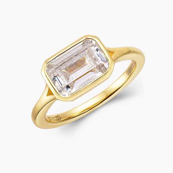 Roen Ring Damariel solitaire gold ring with emerald-cut moissanite stone and split shank design