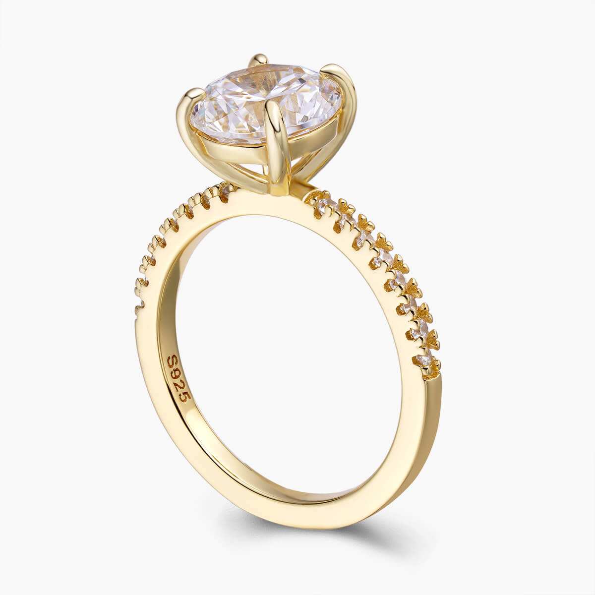 Ysinwen gold ring with round moissanite stone and pave band solitaire design