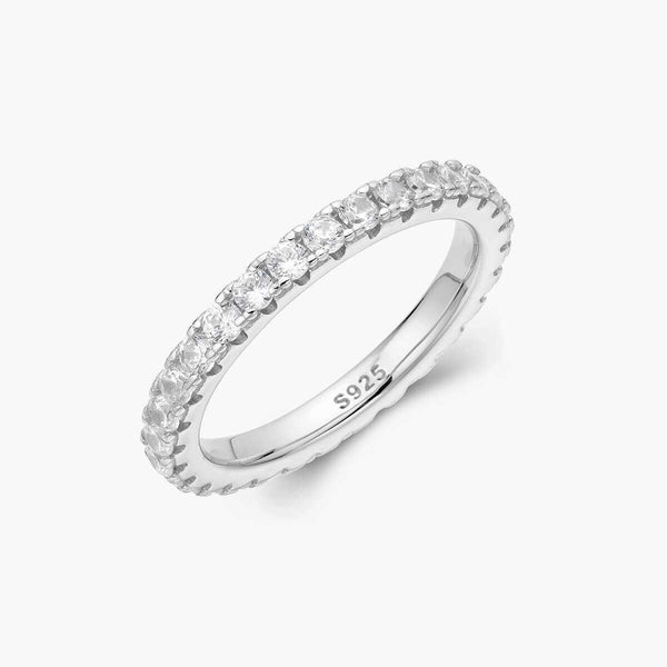 Selene eternity ring with petite round moissanite stones, handcrafted silver band, timeless elegance design