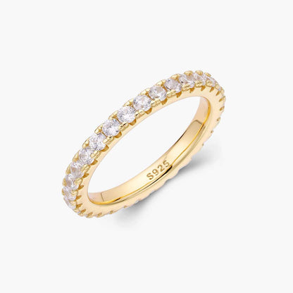 Selene eternity ring with petite round moissanite stones on a gold band, S925 sterling silver.