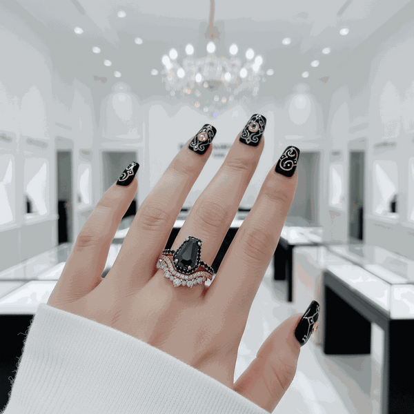 Avalin stackable ring with 1.2 carat black moissanite and layered design on hand with black nail art in elegant jewelry store setting