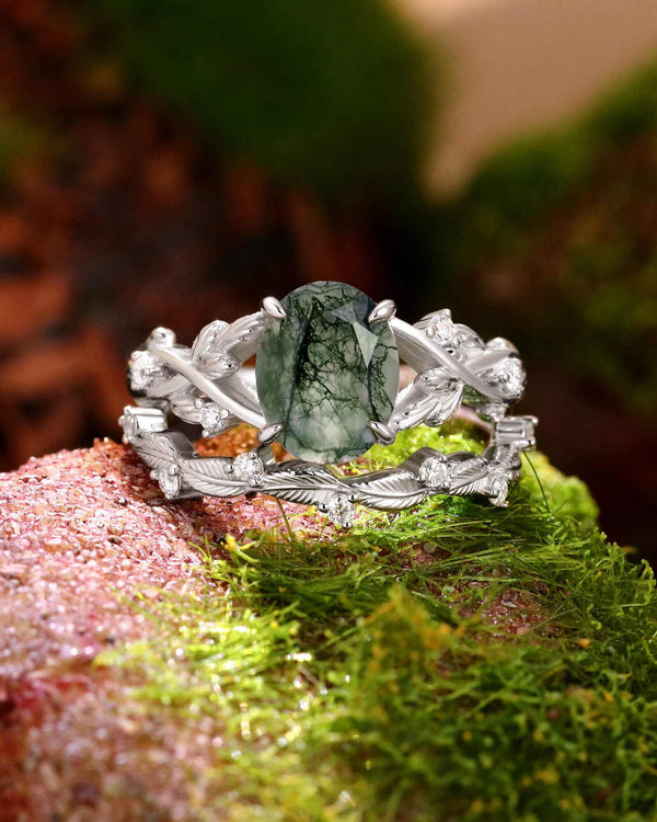 Ciraviel stackable ring set with oval Moss Agate center stone and Moissanite accents in nature-inspired leaf design