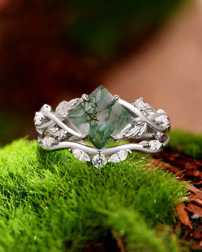 Zilarwen stackable ring set with princess-cut moss agate and moissanite side stones on delicate bands