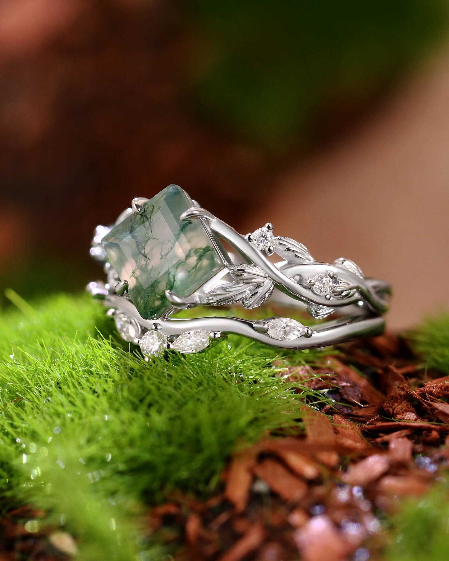 Zilarwen stackable ring set with princess-cut moss agate and moissanite side stones on delicate bands