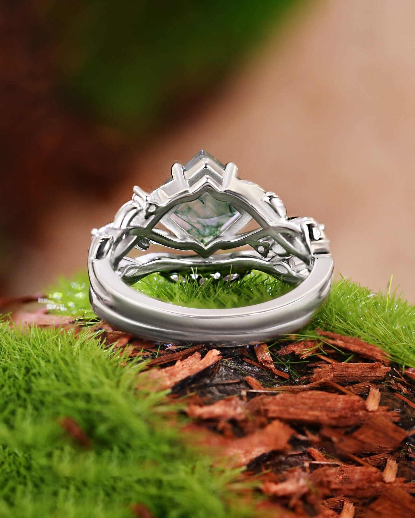 Zilarwen stackable ring with princess-cut moss agate and moissanite on silver bands in natural setting