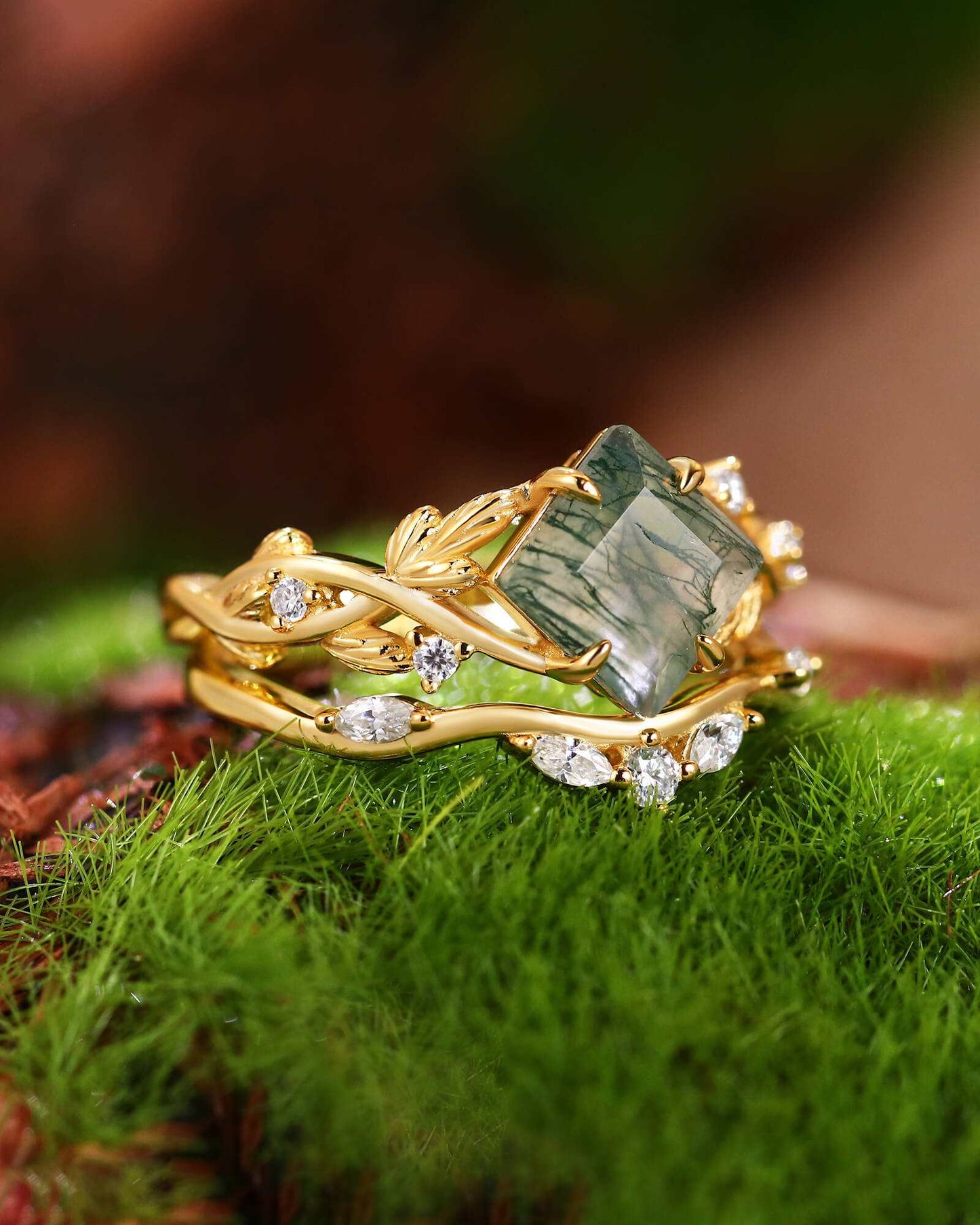 Zilarwen stackable ring set with princess-cut moss agate and moissanite stones on gold bands