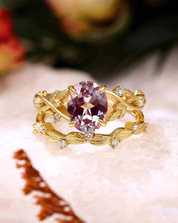 Ulindiel stackable gold ring set with oval lab-grown alexandrite and moissanite leaf-inspired bands