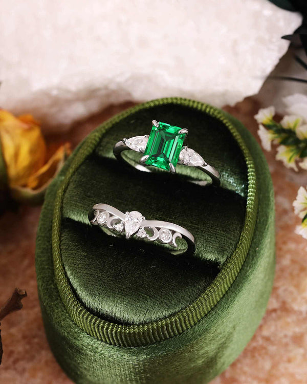 Stackable ring set with emerald-cut lab-grown emerald and moissanite accents in elegant delicate bands