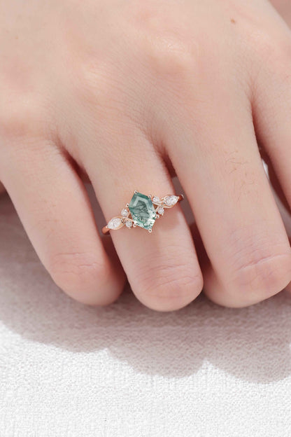 Haldoria 1 Carat Hexagonal Solitaire Moss Agate Ring in 925 Silver