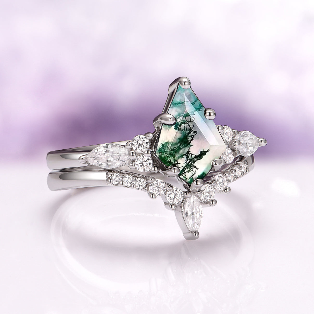 Elowryn 1.5 Carat Kite Stackable Moss Agate Ring Set in 925 Silver