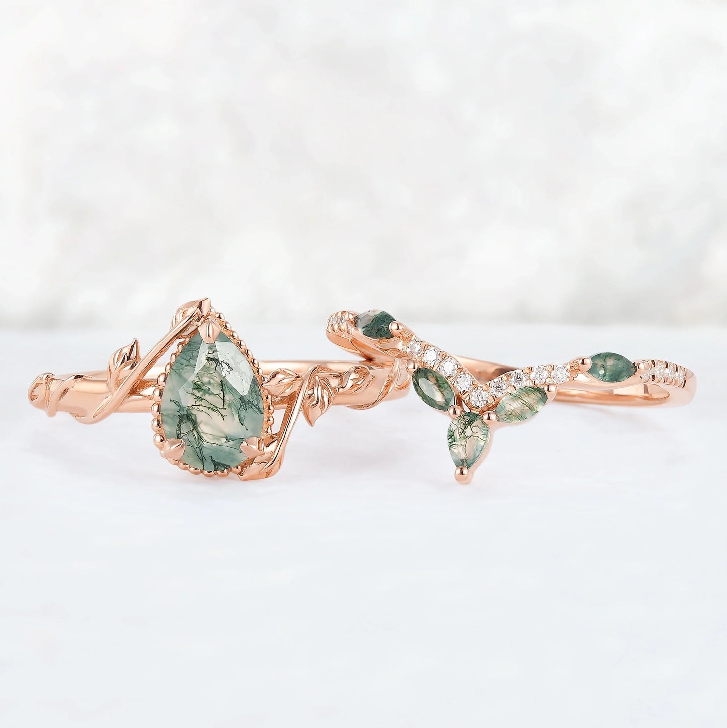 Glariel 1 Carat Pear Stackable Moss Agate Ring Set in 925 Silver
