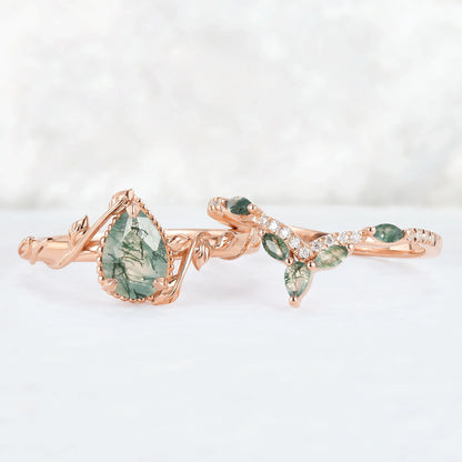 Glariel 1 Carat Pear Stackable Moss Agate Ring Set in 925 Silver