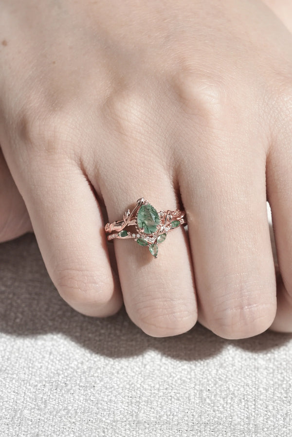 Glariel 1 Carat Pear Stackable Moss Agate Ring Set in 925 Silver