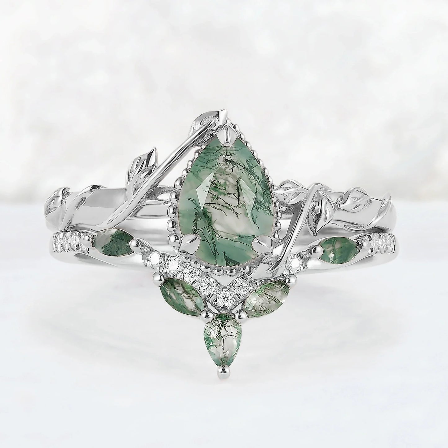 Glariel 1 Carat Pear Stackable Moss Agate Ring Set in 925 Silver