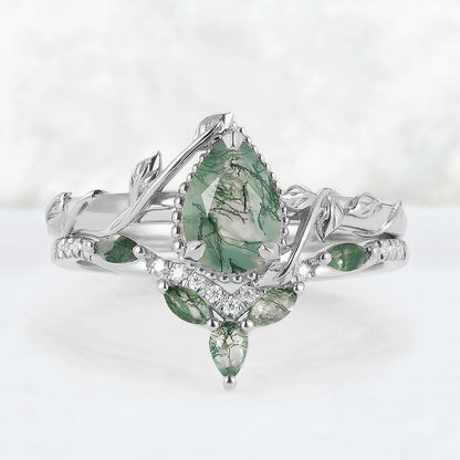 Glariel 1 Carat Pear Stackable Moss Agate Ring Set in 925 Silver