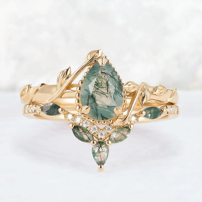 Glariel 1 Carat Pear Stackable Moss Agate Ring Set in 925 Silver