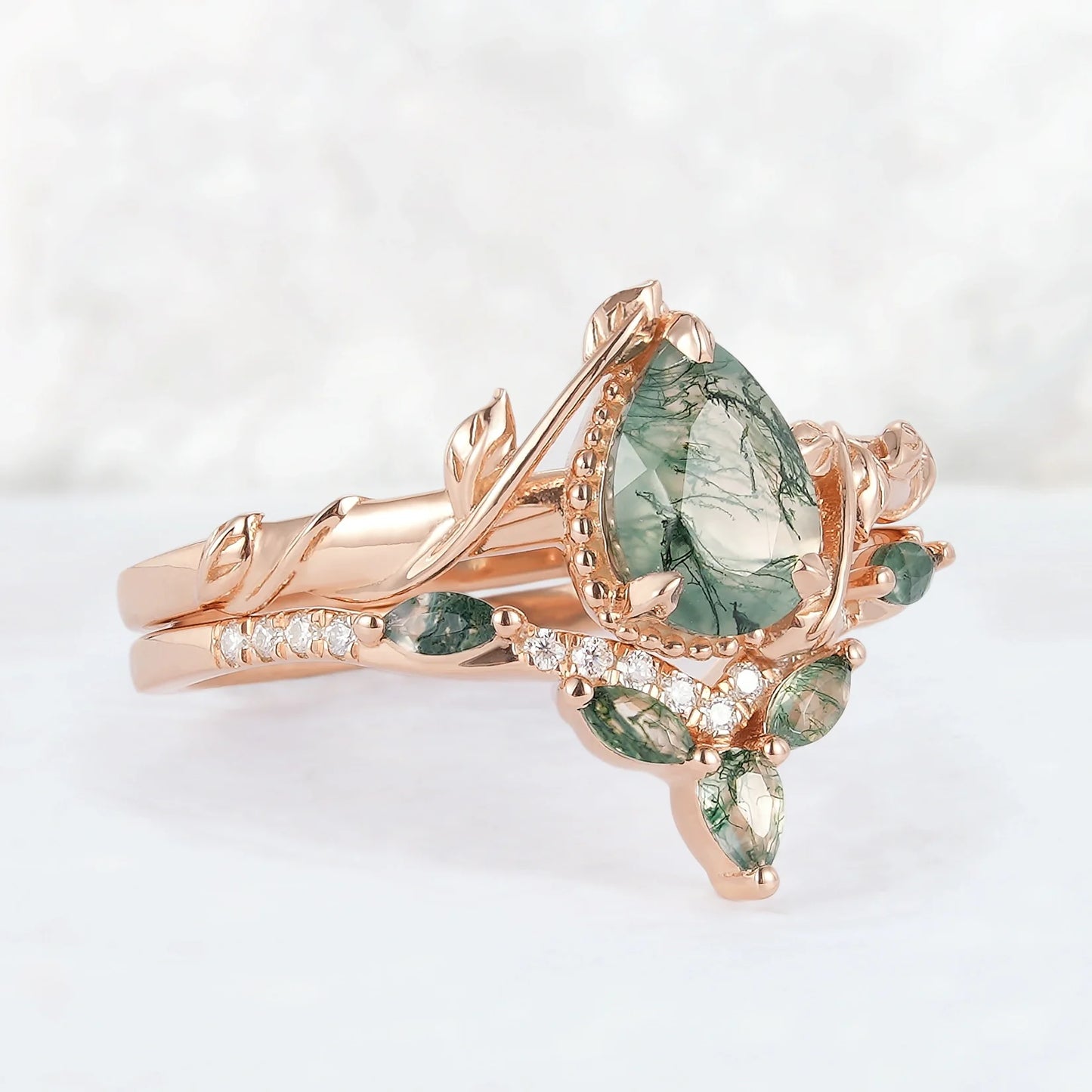 Glariel 1 Carat Pear Stackable Moss Agate Ring Set in 925 Silver