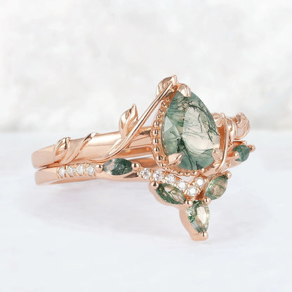Glariel 1 Carat Pear Stackable Moss Agate Ring Set in 925 Silver