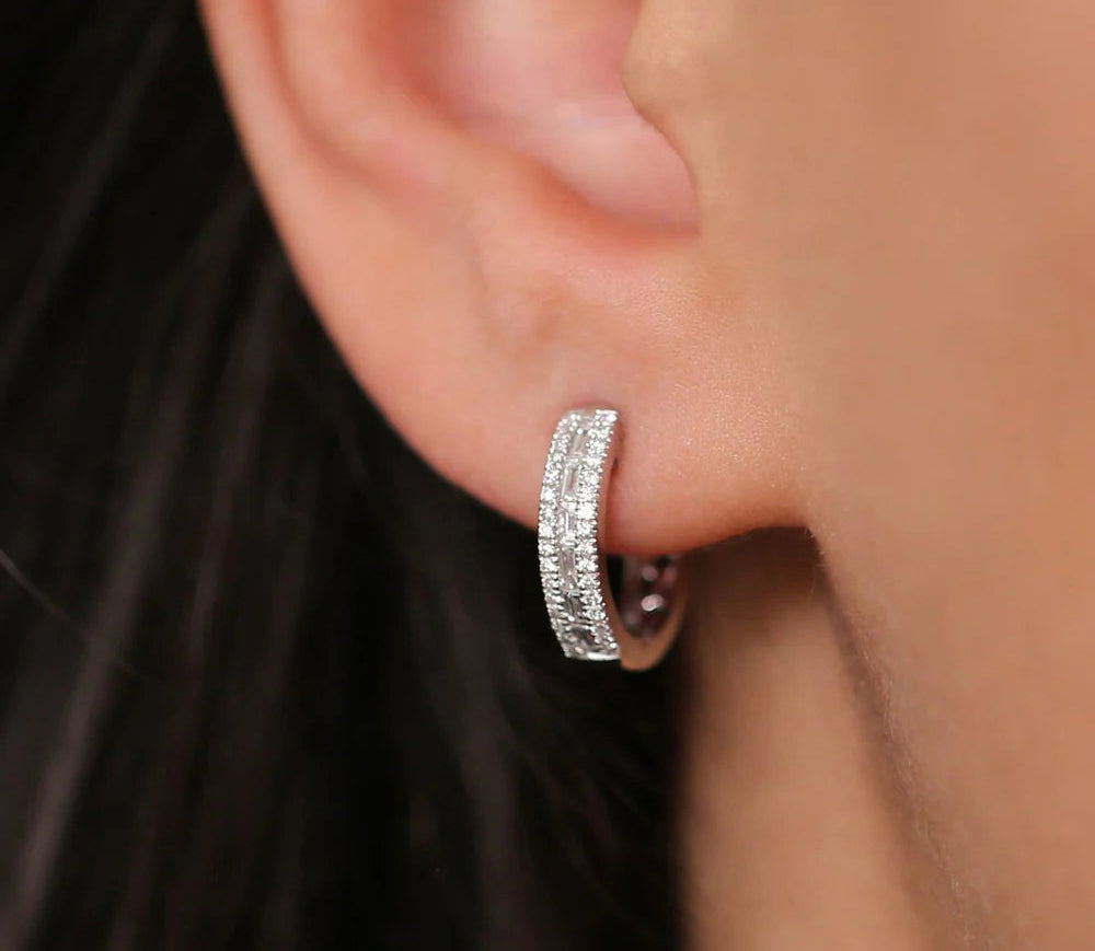 Diamond Baguette Round Pave Huggies Earrings | Lab Grown Natural Diamonds & 18K Solid Gold Hoop Earrings | Women's Luxury Engagement, Wedding Gift