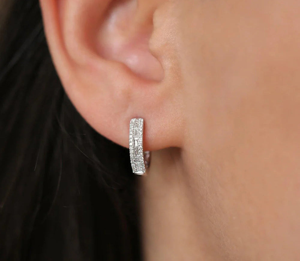 Diamond Baguette Round Pave Huggies Earrings | Lab Grown Natural Diamonds & 18K Solid Gold Hoop Earrings | Women's Luxury Engagement, Wedding Gift