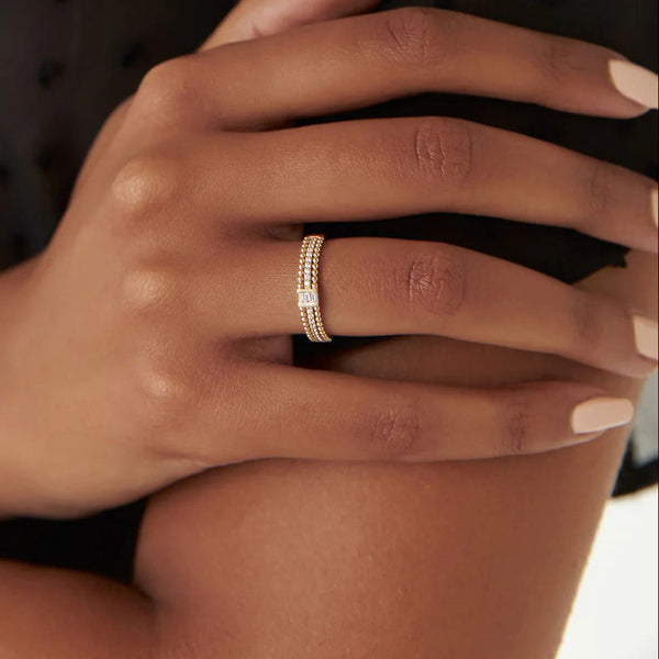 Diamond Beaded Baguette & Round Brilliant Cut Ring | 18k Gold Artisan Engagement Wedding Ring | Geometric Design | Micro Insert Technology | Gift Idea