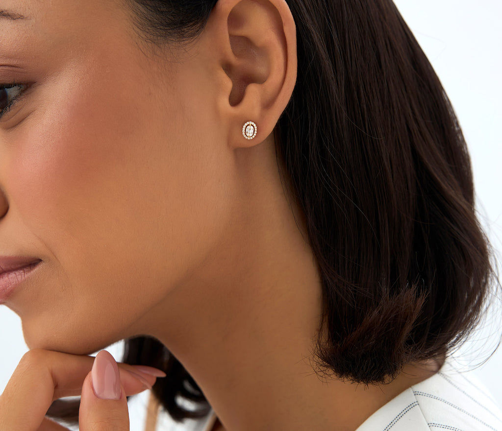 Diamond & 18k Gold Stud Earrings | Round Brilliant Cut & Baguette Cut Diamonds for Women | Trendy Jewelry for Parties, Gifts, Weddings