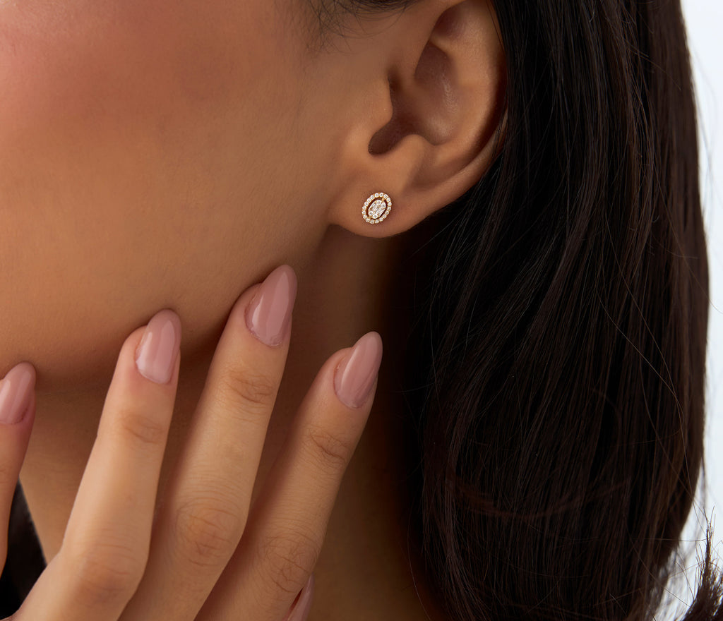 Diamond & 18k Gold Stud Earrings | Round Brilliant Cut & Baguette Cut Diamonds for Women | Trendy Jewelry for Parties, Gifts, Weddings