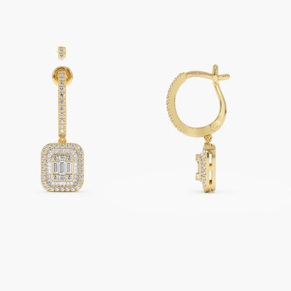 Diamond Baguette Cut & Round Brilliant Cut Earrings | 18k Yellow Gold Dainty Hoop Earrings | Natural Diamond Women's Engagement Jewelry