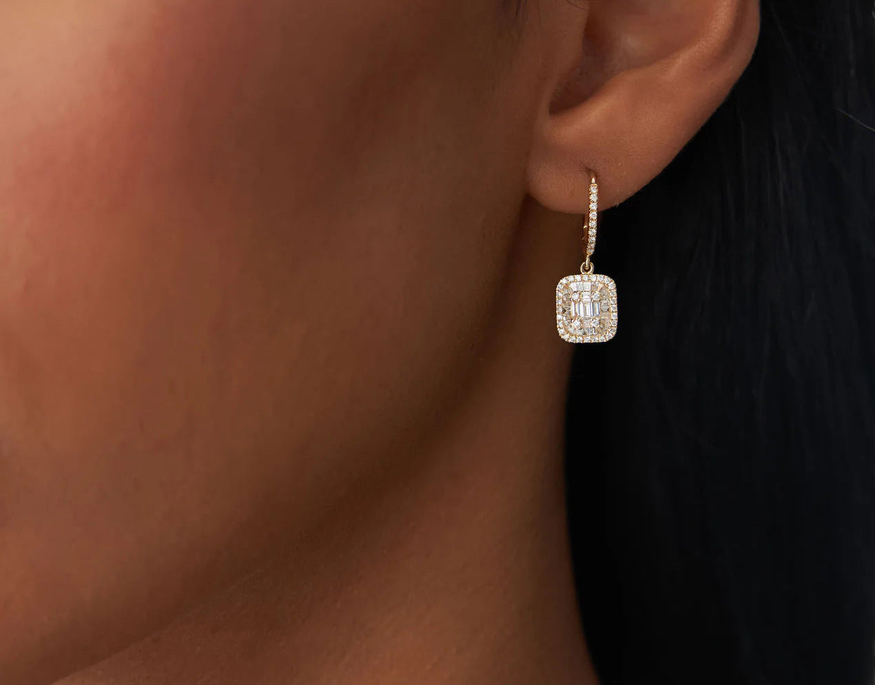 Diamond Baguette Cut & Round Brilliant Cut Earrings | 18k Yellow Gold Dainty Hoop Earrings | Natural Diamond Women's Engagement Jewelry