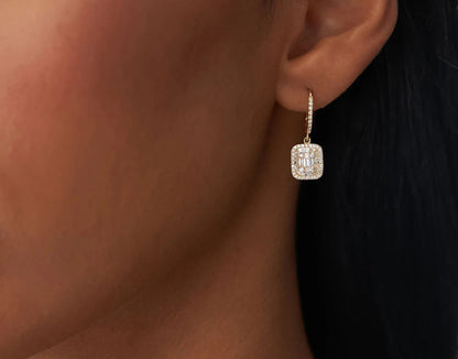 Diamond Baguette Cut & Round Brilliant Cut Earrings | 18k Yellow Gold Dainty Hoop Earrings | Natural Diamond Women's Engagement Jewelry