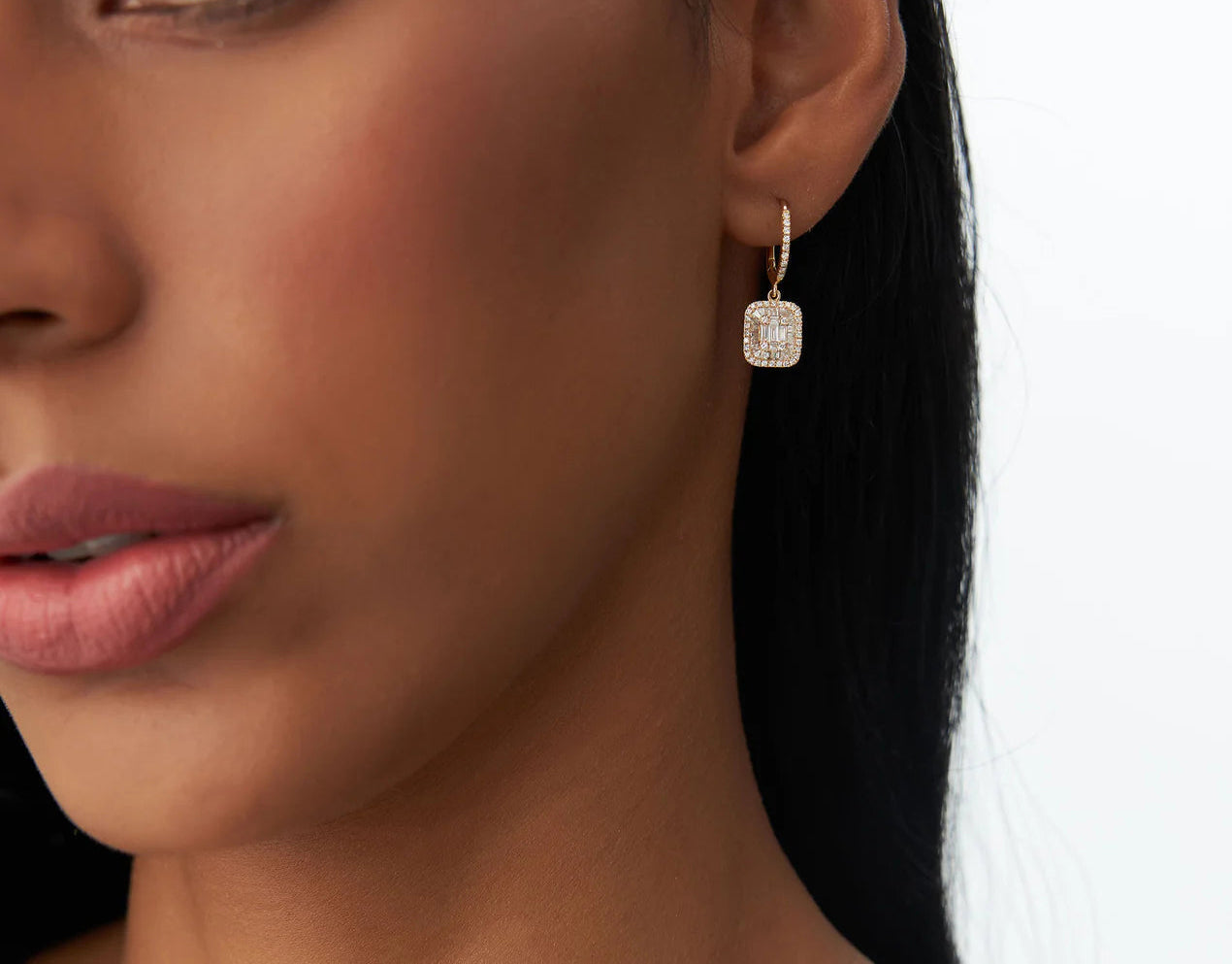 Diamond Baguette Cut & Round Brilliant Cut Earrings | 18k Yellow Gold Dainty Hoop Earrings | Natural Diamond Women's Engagement Jewelry