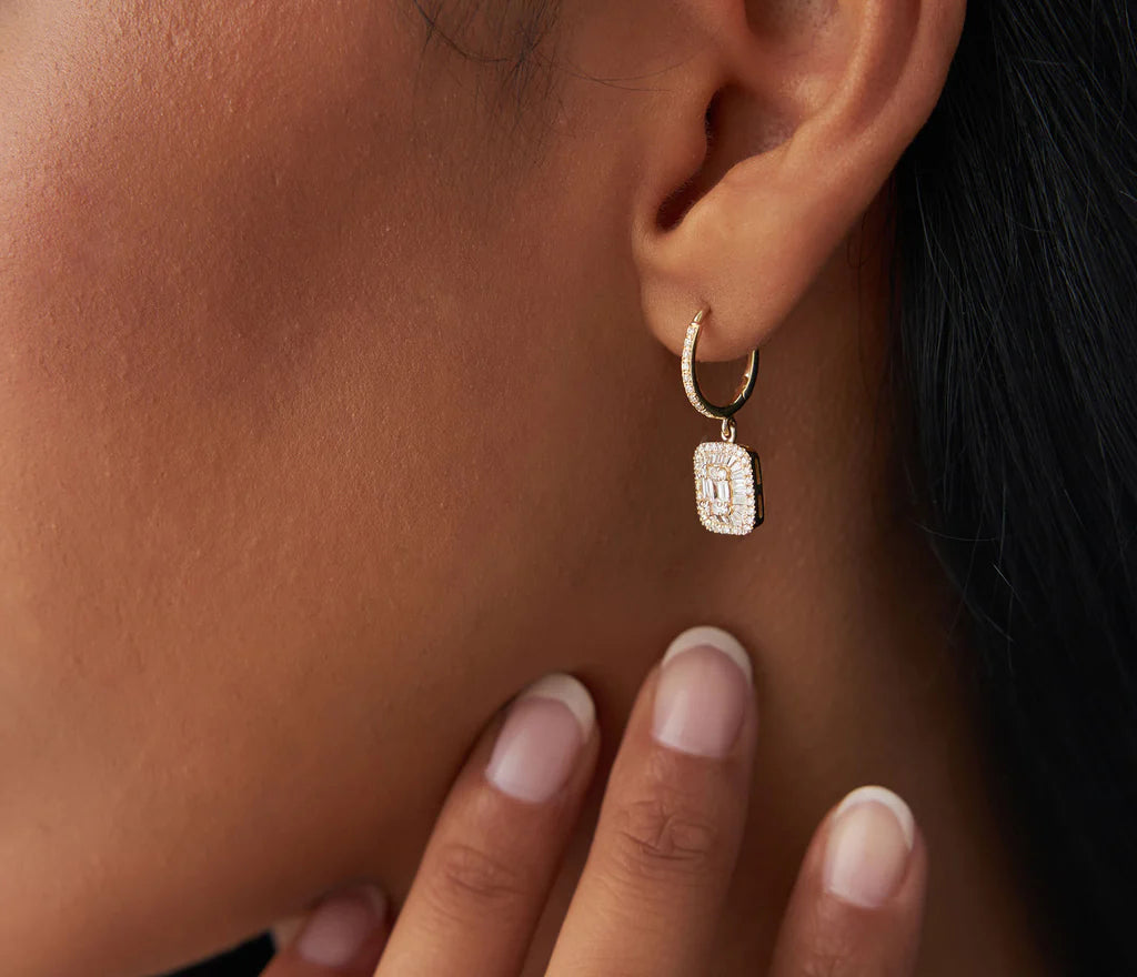 Diamond Baguette Cut & Round Brilliant Cut Earrings | 18k Yellow Gold Dainty Hoop Earrings | Natural Diamond Women's Engagement Jewelry