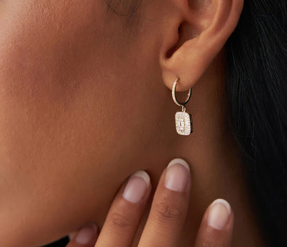 Diamond Baguette Cut & Round Brilliant Cut Earrings | 18k Yellow Gold Dainty Hoop Earrings | Natural Diamond Women's Engagement Jewelry