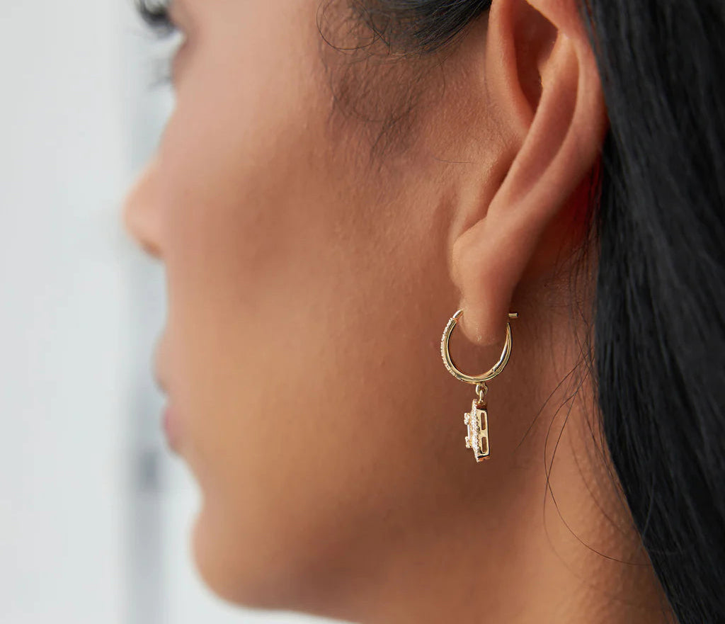 Diamond Baguette Cut & Round Brilliant Cut Earrings | 18k Yellow Gold Dainty Hoop Earrings | Natural Diamond Women's Engagement Jewelry
