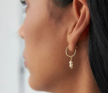 Diamond Baguette Cut & Round Brilliant Cut Earrings | 18k Yellow Gold Dainty Hoop Earrings | Natural Diamond Women's Engagement Jewelry