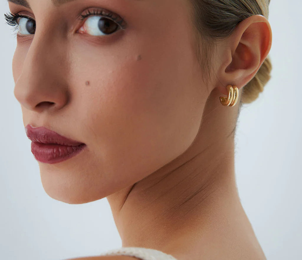 Geometric Twin C Hoops | Women's 18k Solid Gold Earrings | Trendy Engagement, Wedding, Gift | Purity 585