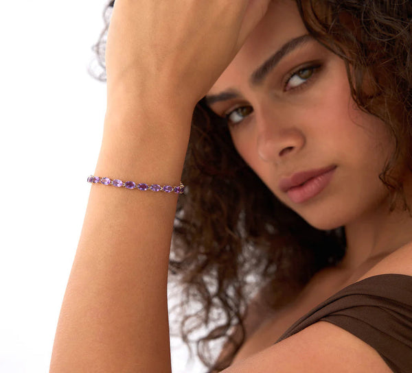 Amethyst Oval Cut Chain & Link Bracelet | Lab Grown Solid Gold 18K | Women's Gift for Special Occasions | Prong Setting, Trendy Style