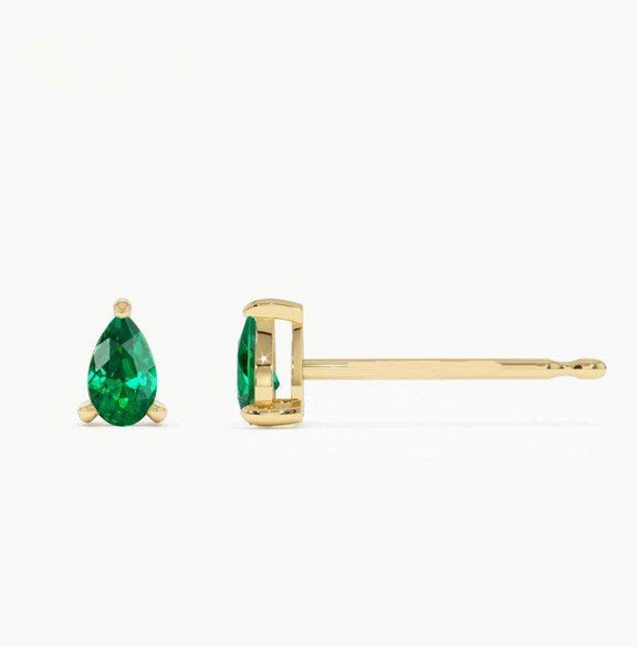 Natural Emerald Water Droplet Earring | Lab Grown Pear Cut Diamond & 18K Solid Gold Stud Earrings | Trendy, Elegant, Unisex