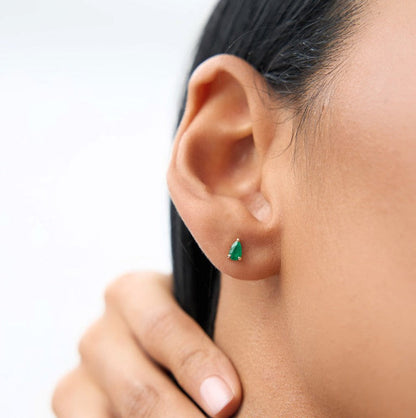 Natural Emerald Water Droplet Earring | Lab Grown Pear Cut Diamond & 18K Solid Gold Stud Earrings | Trendy, Elegant, Unisex