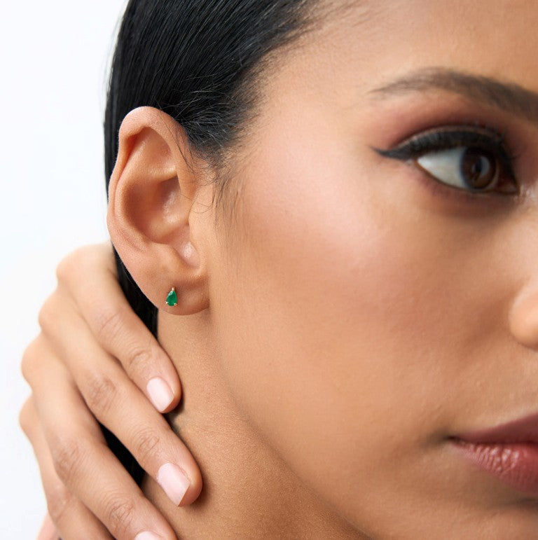 Natural Emerald Water Droplet Earring | Lab Grown Pear Cut Diamond & 18K Solid Gold Stud Earrings | Trendy, Elegant, Unisex