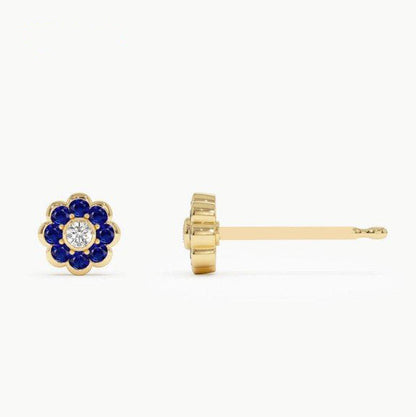Sapphire Flower Stud Earrings | Lab Grown Round Brilliant Cut Diamond & 18K Solid Gold Bezel Setting | Minimalist Jewelry for Women & Men