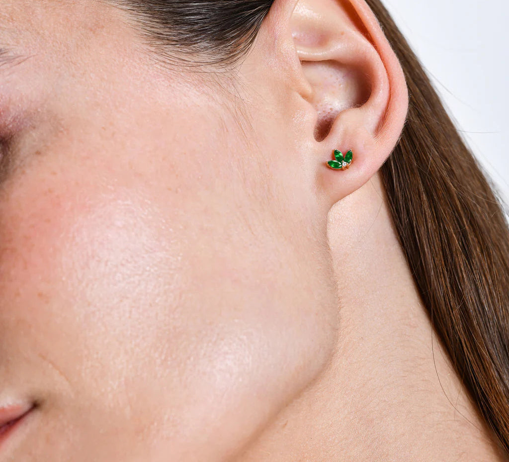 Emerald Petal Dangle Earrings | Lab Grown Round Cut Diamond & 18K Solid Gold | Women's Jewelry for Gift, Party, Engagement