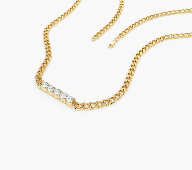 Diamond Bar Pendant Necklace | Trendy 18K Solid Gold Cuban Chain | Round Brilliant Cut Lab Grown Diamond & Mould Making Service