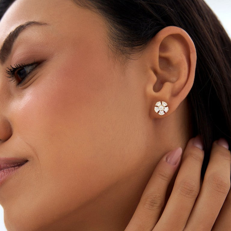 Diamond Baguette Round Stud Earrings | Lab Grown Diamonds & 18k Gold Plated | Unique Floral Design | Women's Gift for All Occasions
