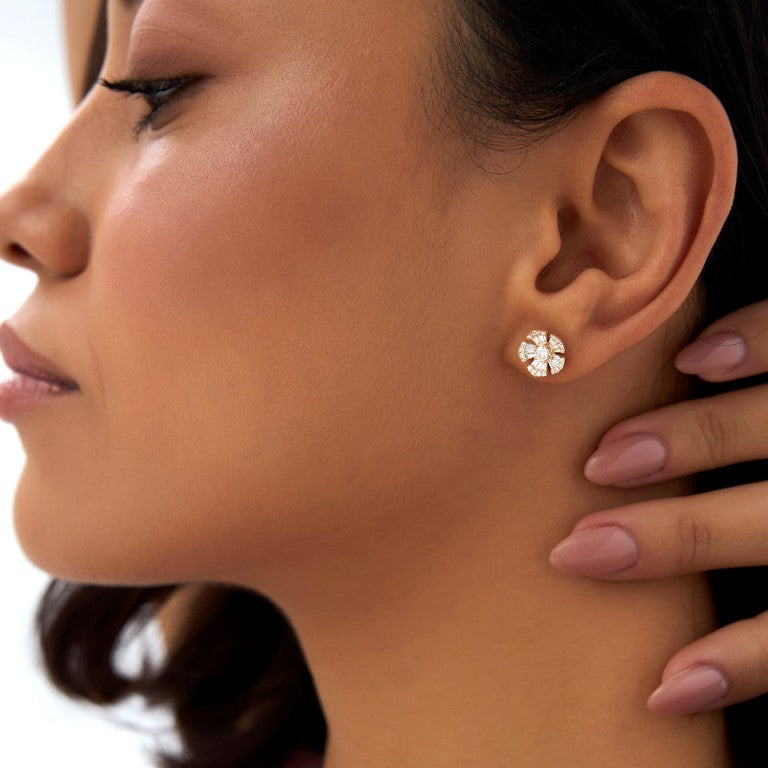 Diamond Baguette Round Stud Earrings | Lab Grown Diamonds & 18k Gold Plated | Unique Floral Design | Women's Gift for All Occasions