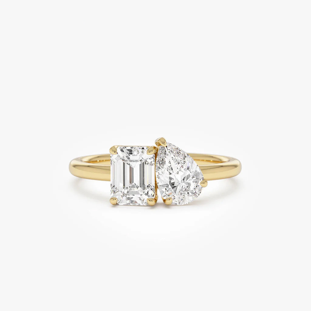 Lab Grown Emerald Cut & Pear Cut Diamond Engagement Ring | 1.50ctw 18k Gold Plated Toi Et Moi Ring | Luxury Wedding Bands for Men and Women | Lab Diamond Rings