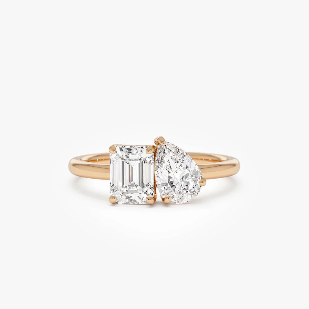 Lab Grown Emerald Cut & Pear Cut Diamond Engagement Ring | 1.50ctw 18k Gold Plated Toi Et Moi Ring | Luxury Wedding Bands for Men and Women | Lab Diamond Rings